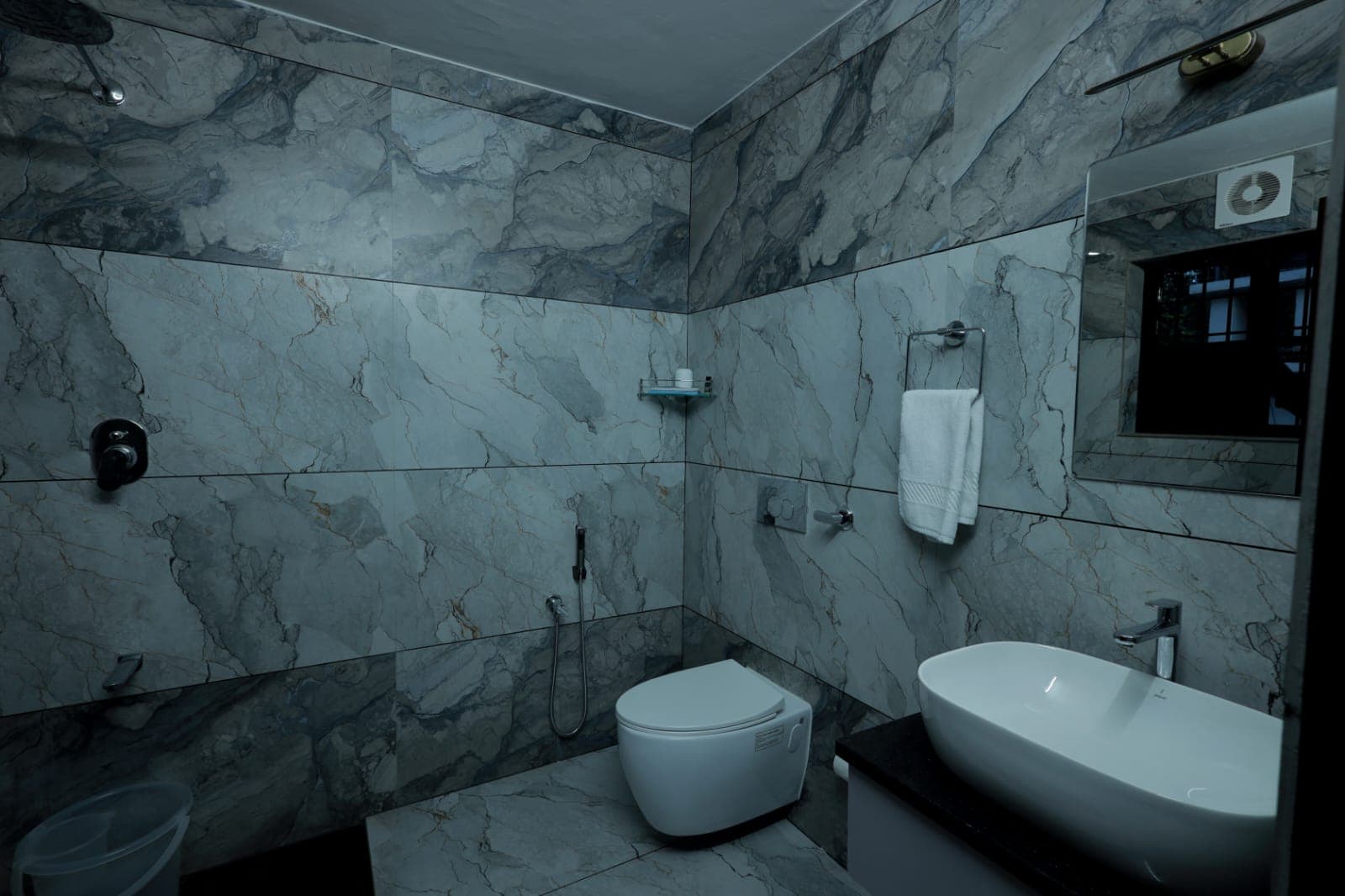 Blue-veined marble bathroom